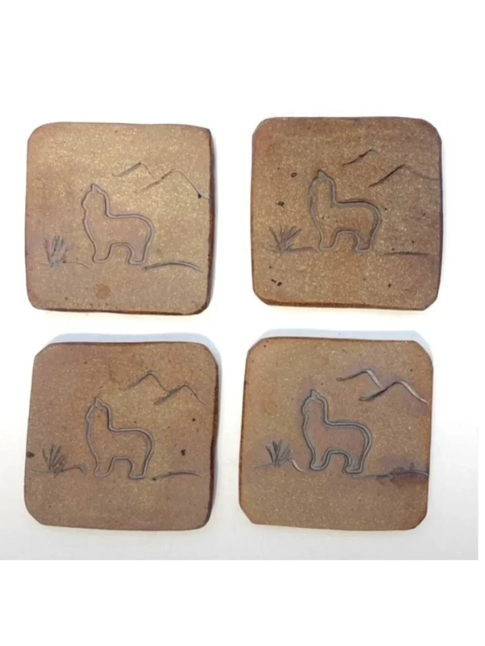 Handmade Sandstone Coasters With Llama & Mountain Design Set Of 4 Felt-Backed